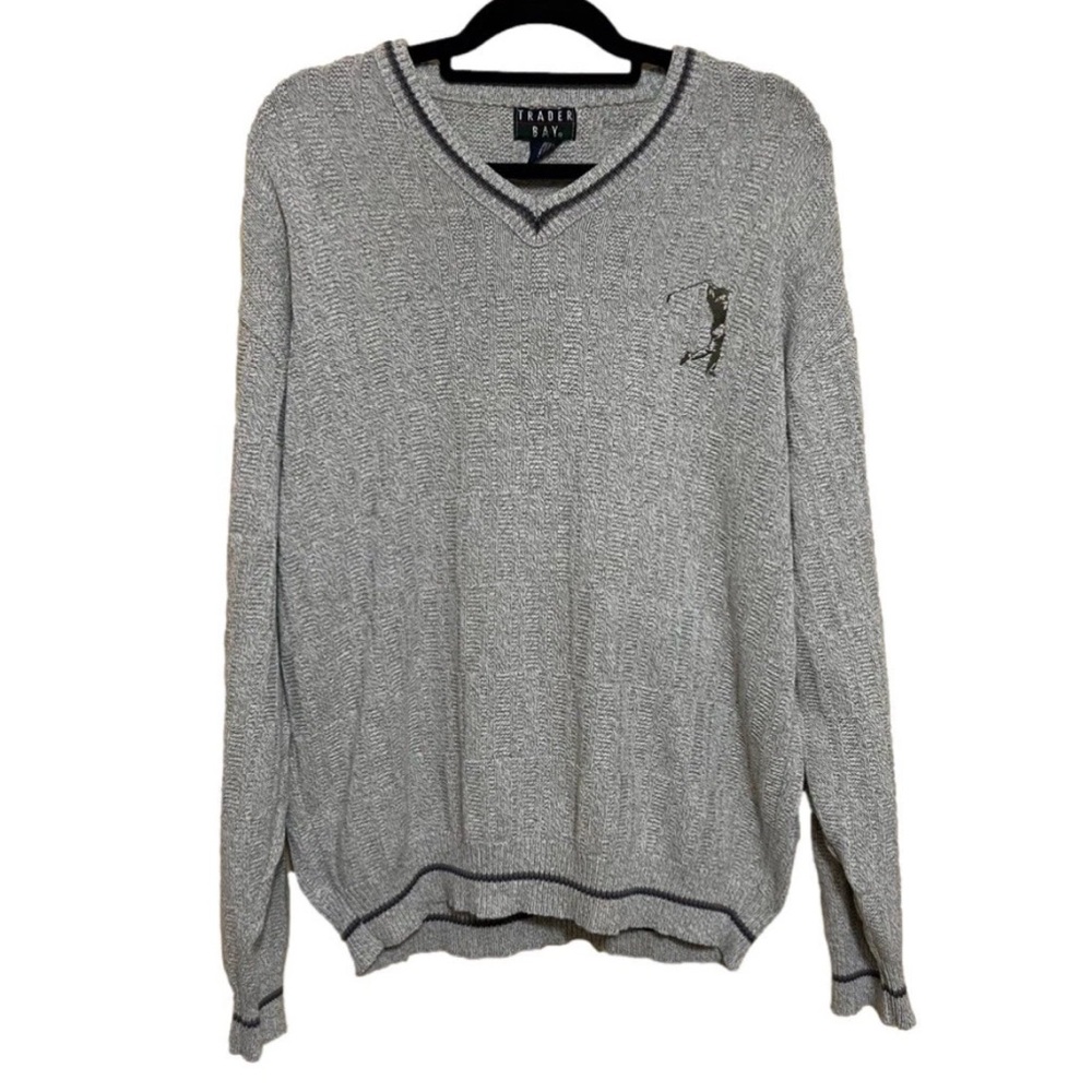Vintage Trader Bay Men’s L Gray Knit Golf V-Neck Long Sleeve Sweater